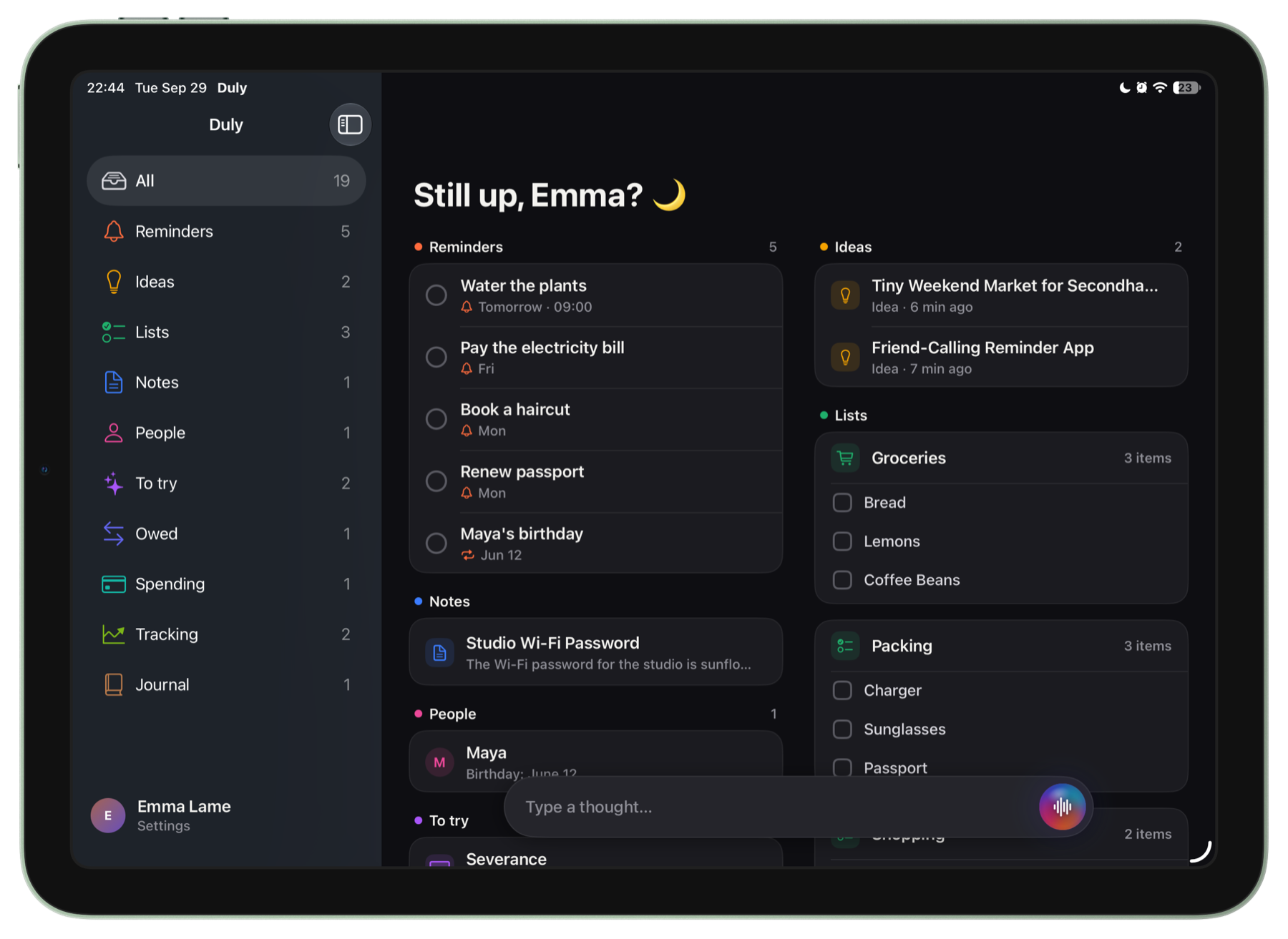 Duly on iPad: the sidebar and the board